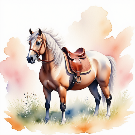 Show the shiny saddle resting on the horse’s back. In the background: a swirling breeze