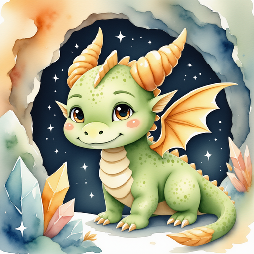 Ember Flare peeking into a sparkling cave entrance, his voice echoing. In the background, shimmering crystals of all shapes shine on walls