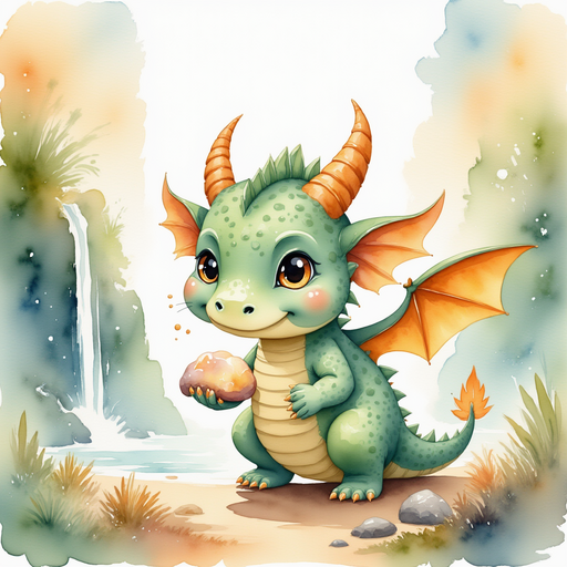 Ember Flare looking closely at the soft, glowing rock in his claws. In the background, a cluster of glittering crystals near a gentle waterfall