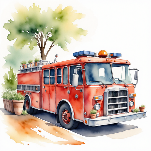 Show the fire truck’s front grille, shining as it ‘speaks.’ In the background, a small row of potted plants rests on a wooden bench.
