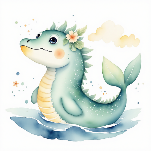 Nessie Sparkles waves her shimmering tail in a playful motion. In the background, drifting white clouds tinge the sky.