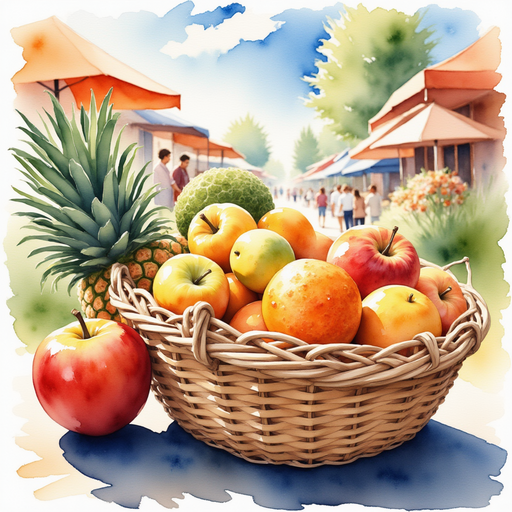 A basket of bright, exotic fruits rests on a market table, gleaming under the sun. In the background, bustling marketplace tents.