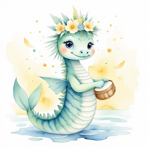 Nessie Sparkles tapping a tiny drum In the background, confetti floating through the air