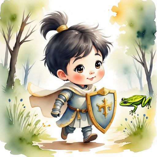 Sir Liang - who is a boy - shines his shield forward as Frog leaps beside her. In the background, winding forest paths twist ahead.
