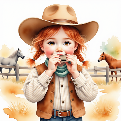 Calamity Kate proudly playing the harmonica for a small gathering In the background, horses grazing near a fence