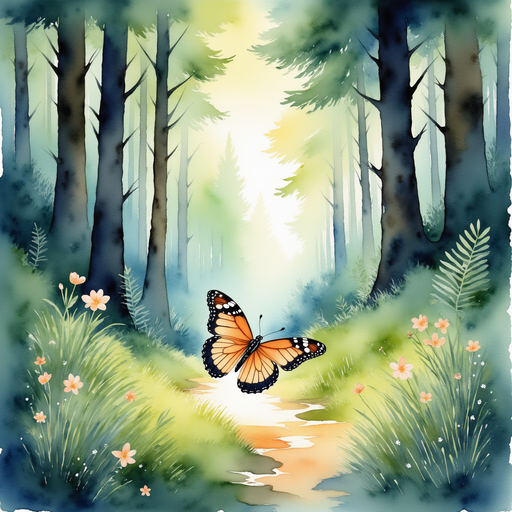 A glowing butterfly leading the way on the path through the Enchanted Forest. In the background, towering whimsical trees create a canopy overhead.
