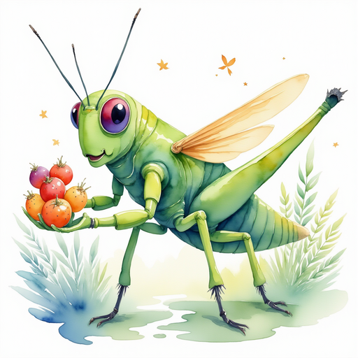 Buzzywhirl holds a cluster of bright berries in outstretched hands. In the background, tall ferns rustle in a gentle breeze.