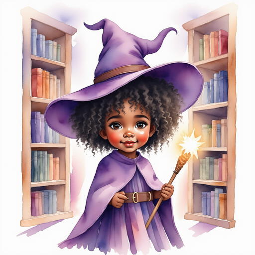 Willow Charms - who is black - is holding a glowing wand with a gentle smile. In the background, tall bookcases filled with colorful books.