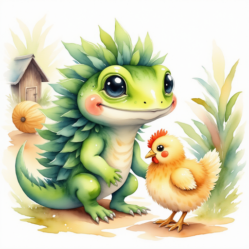 Blossom Sprout leans down, reassuring a small chicken. In the background, straw bales and well-worn garden tools rest near a chicken coop