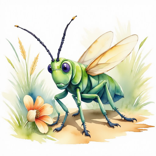 Buzzywhirl kneels next to a fading flower, looking worried. In the background tall grass sways gently.