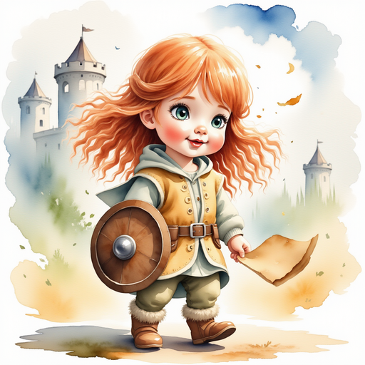 Bolda the Bright gasps as gusts carry old parchment out of her hands. In the background, the hidden castle towers emerge from drifting clouds.