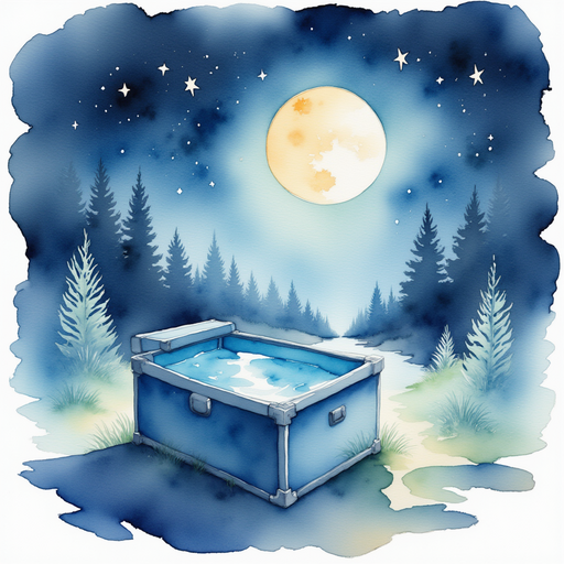 A blue puzzle box is perched on the ground. In the background, faint moonlight glimmers on the path.