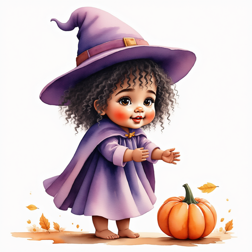 Willow Charms stands before the pumpkin, holding out a friendly hand. In the background a few scattered leaves lie on the ground