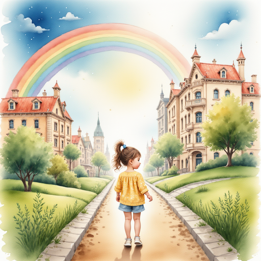 Sofia entering the Rainbow City and noticing the colorless rainbow.