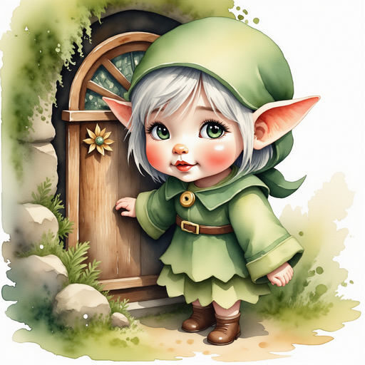 Flicker Sparkleaf leans forward, pressing one pointed ear to a wooden door with carved leaves. In the background, thick moss creeps along ancient stones.