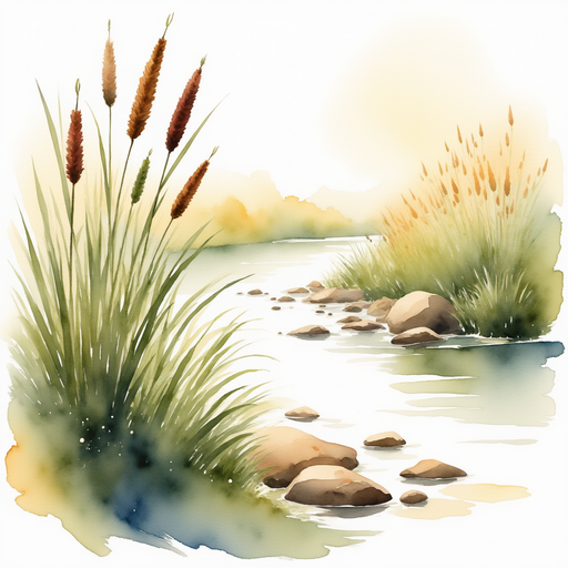 Tall cattails sway in a gentle breeze beside scattered stones. In the background, the warm light of morning glows on the riverbank.
