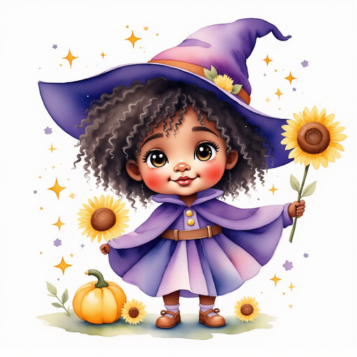 Willow Charms - who is black - gently holds a sunflower card with her wand. In the background, tiny lights twinkle like stars.