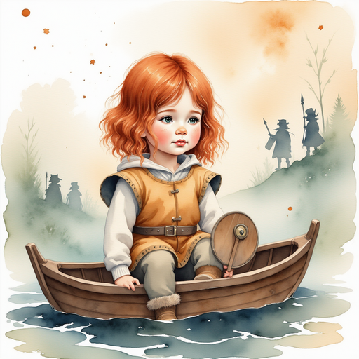 Show Bolda the Bright pausing in her boat, breathing deeply as mysterious shapes watch from afar. In the background, faint silhouettes drift among the fog.