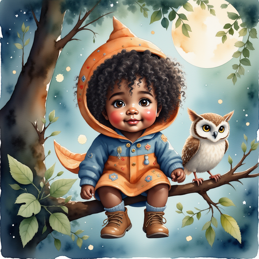 Show the owl perched on a low branch, looking kindly at Zippy Zapata. In the background, moonlight filters through the leaves in soft beams.