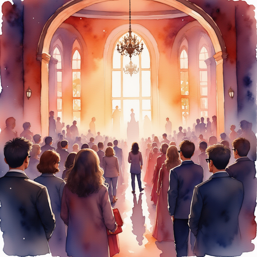 A crowd cheering inside a ballroom