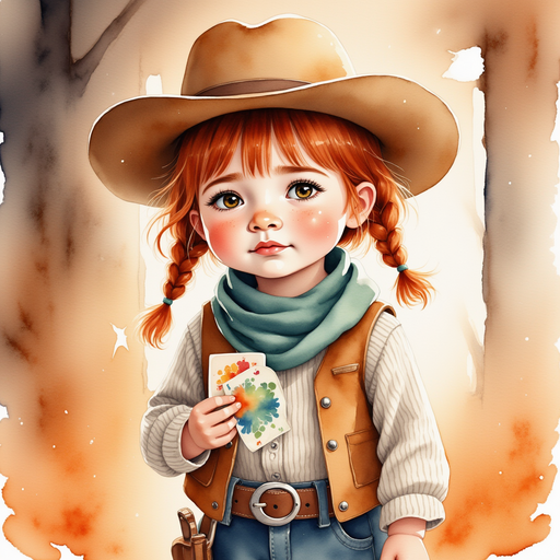 Calamity Kate holding her stack of cards and looking worried. In the background, the warm fire casts dancing shadows on the wall