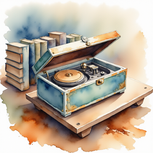 Modern toy music box with a worn blue and golden surface, resting on a wooden beam. In the background, tall stacks of old books and a stray paintbrush