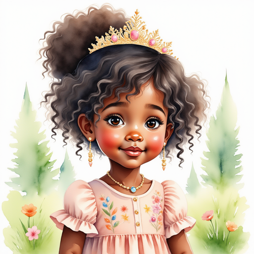 Princess Zoombella - who is black - stands in a green meadow, wearing a sparkly crown. In the background are tall, leafy trees.