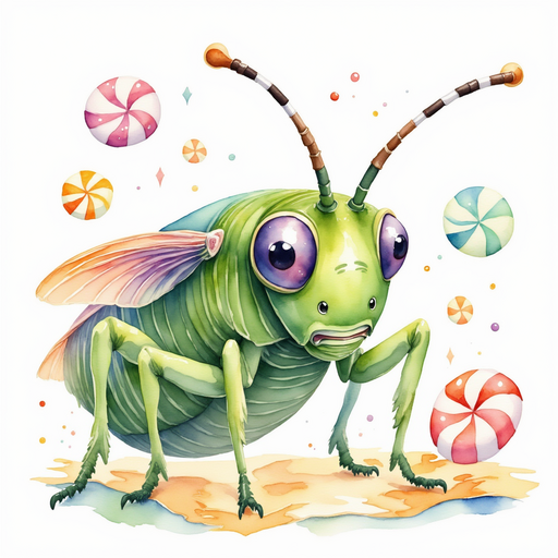 Buzzywhirl examines a wrinkled map covered in colorful candy drawings. In the background swirling peppermint swirls.