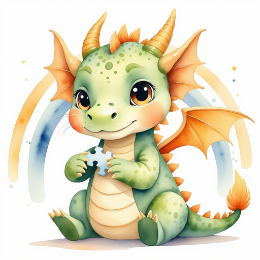 Ember Flare clutching a puzzle piece gently In the background, a wide rainbow arcs