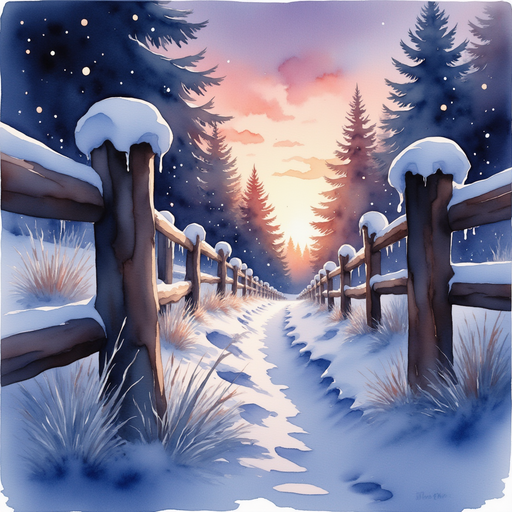 Darkening fence posts with icy frost clinging to them, glowing with the last light of day. In the background a silhouette of tall pine trees against a twilight sky