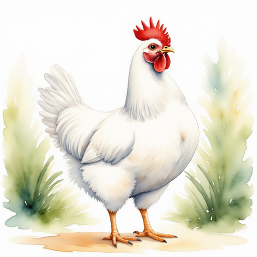 Show Cluckster flapping her wings up high. In the background stands big leafy bushes.