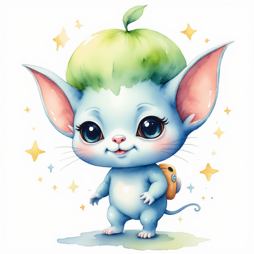 Zibloo stands with a big grin, wearing a tiny rocket backpack. In the background, glowing stars sparkle softly.