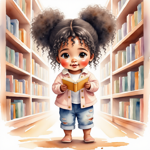 Amber excitedly holding a glowing, mysterious book that seems to emit a magical aura. In the background, shelves of books in a cozy library.