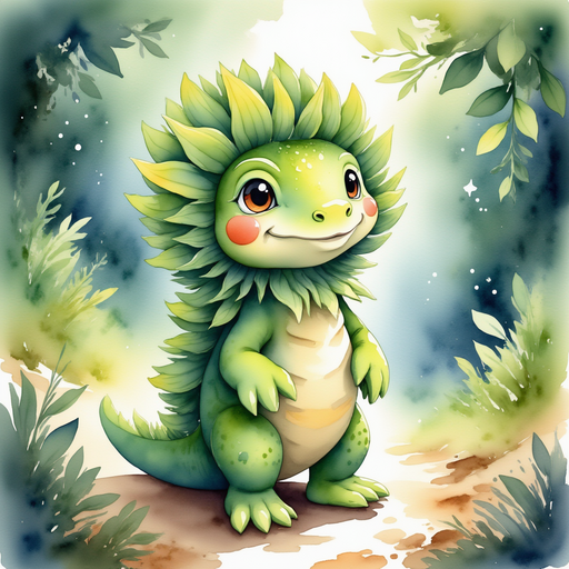 Blossom Sprout stands on a path lit by twinkling stones, smiling broadly. In the background, vines curl overhead like a leafy roof