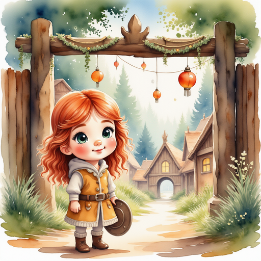 Bolda stands by a large wooden gate, gazing at the colorful lanterns. In the background, the Viking village sparkles under festive lanterns.