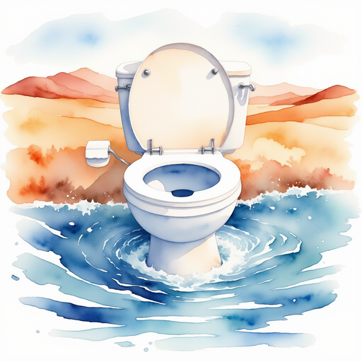 Rippling water in shifting rainbow patterns around the toilet seat. In the background, the vast desert shore.