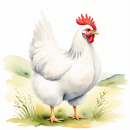 Cluckster stands with fluffy feathers, beak open in song. In the background, the meadow stretches toward distant hills.