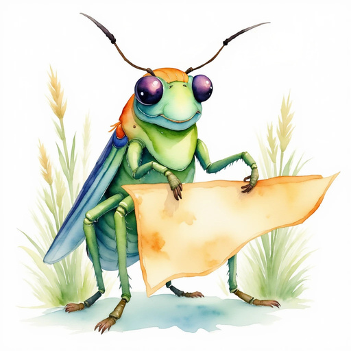 Buzzywhirl holds the map in front of him with a gentle grip. In the background, tall blades of grass stretch high up.