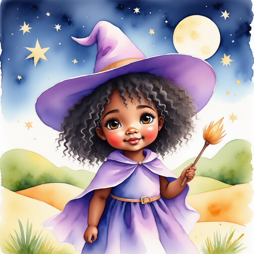 Willow Charms - who is black - waves her wand at the stormcloud. In the background rolling hills sparkle under the moon.