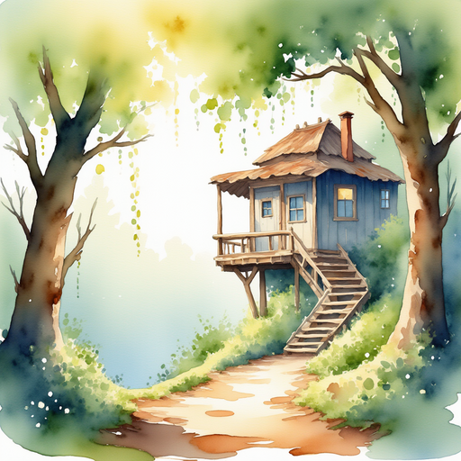 A swirl of bright ribbons tied to the railings of the treehouse. In the background, sunbeams shining