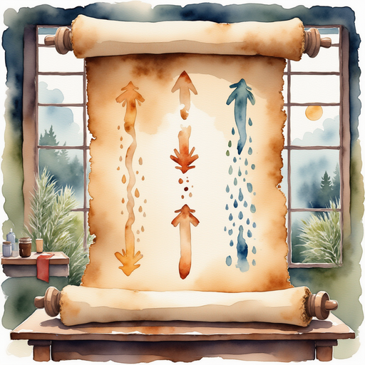 An old scroll showing swirling arrows for evaporation, condensation, and rain rests on a sturdy table. In the background, a small window reveals sunlight breaking through clouds.