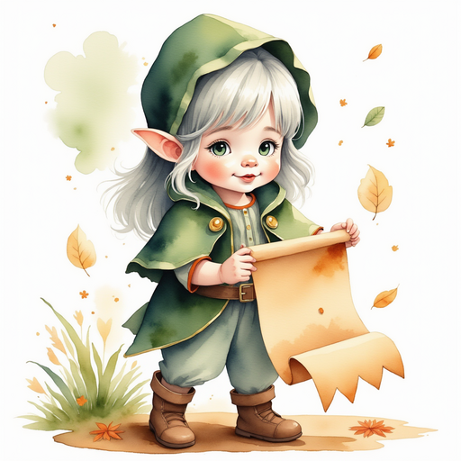 Flicker Sparkleaf unrolls a faded paper, studying strange drawings with a thoughtful smile. In the background, falling leaves drift across the forest floor.