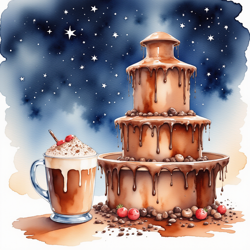 A gigantic chocolate fountain gurgling sweet cocoa In the background, star-speckled sky