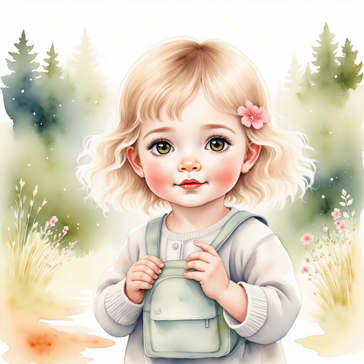Anna, holding a small backpack with an adventurous glint in her eyes, ready outside the dollhouse. In the background, a path meanders towards the distant forest.