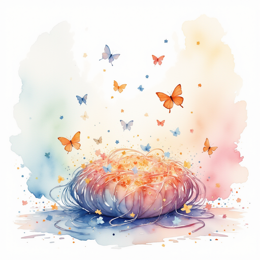 A messy bundle of colorful lights sits on the floor. In the background, faint butterfly shapes.
