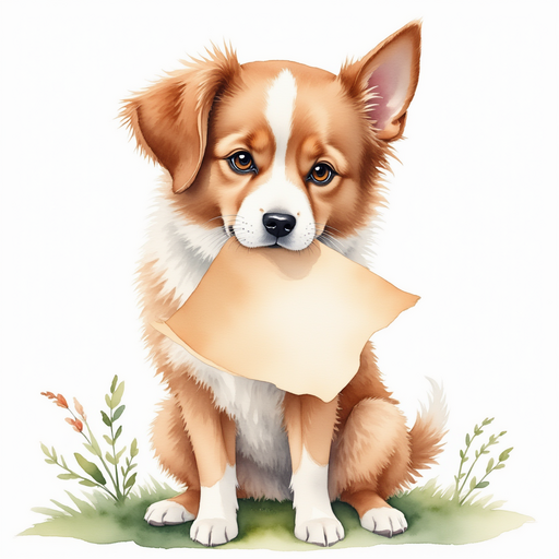 A dog holding a paper in its mouth.