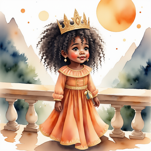 Queen Neena stands on a stone balcony with a curious gaze. In the background, misty peaks stretch into a gentle sunrise.