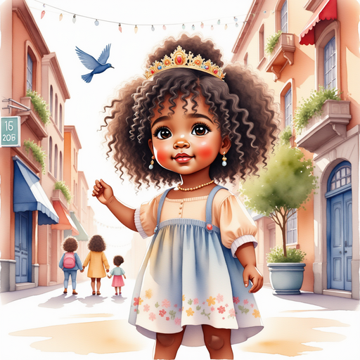 Princess Zoombella - who is black - is looking up at flashing signs in a busy street In the background, towering buildings lined with bright banners