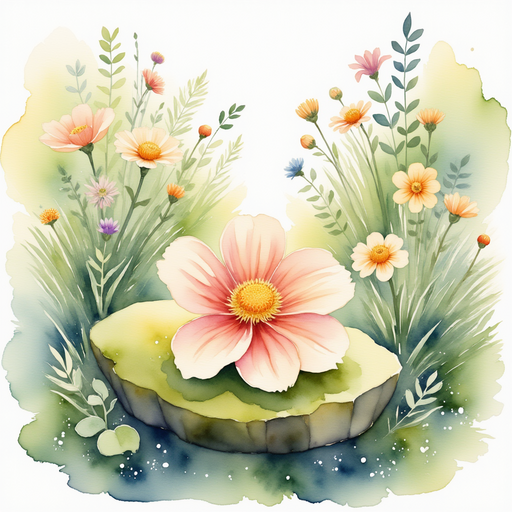 A glowing blossom with rainbow petals rests on a mossy stone. In the background, a narrow trail is lined by colorful meadow flowers.