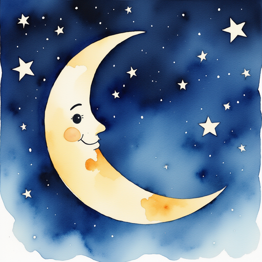 A crescent moon looking happy in the night sky